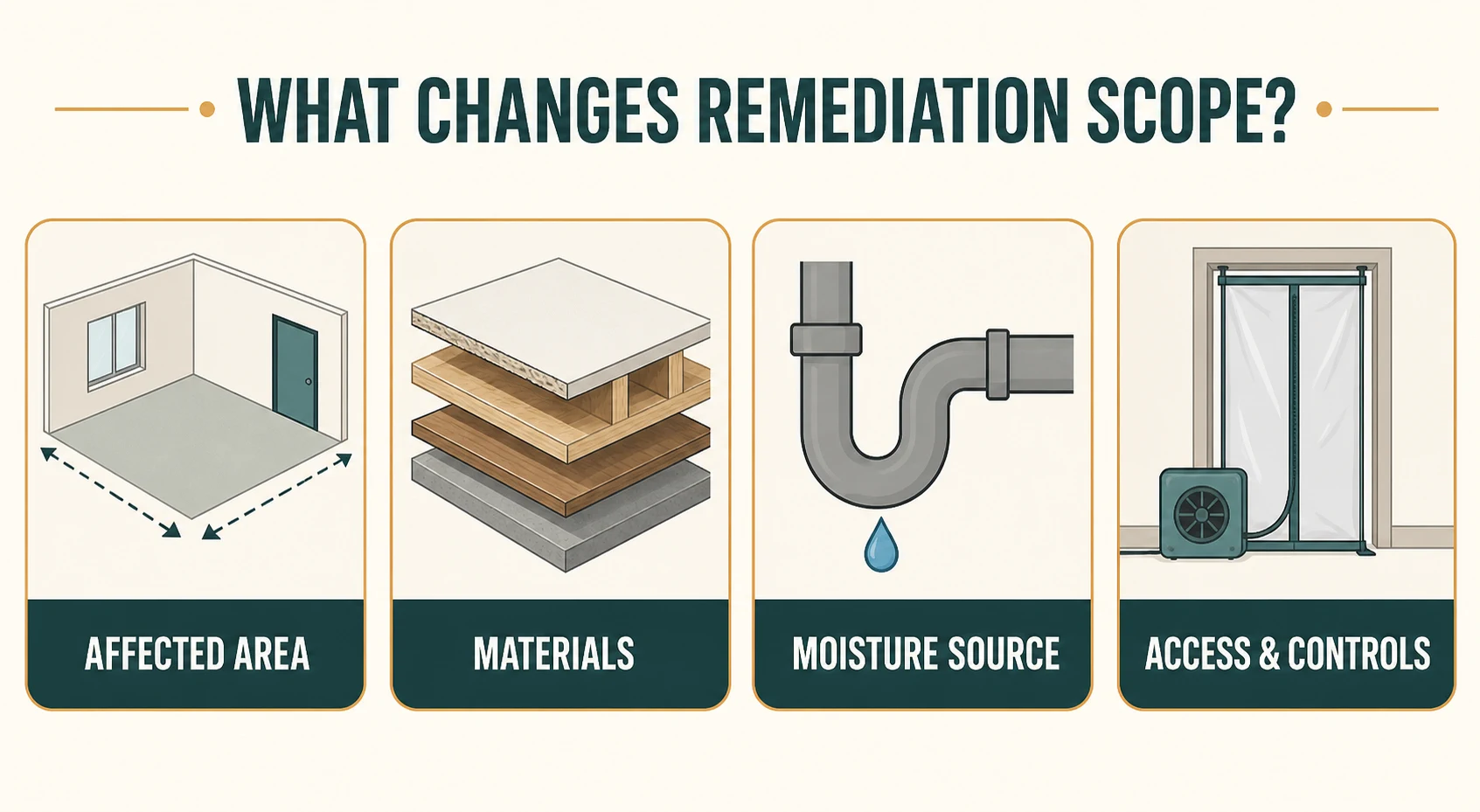 Four illustrated factors that change remediation scope: affected area, materials, moisture source and access controls