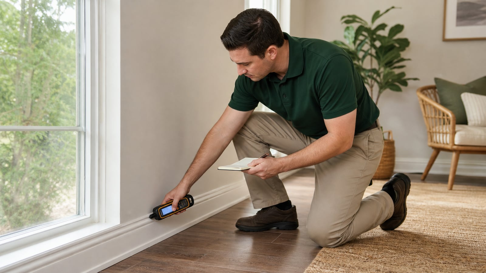 Mold remediation specialist documenting moisture readings during an Orlando property inspection