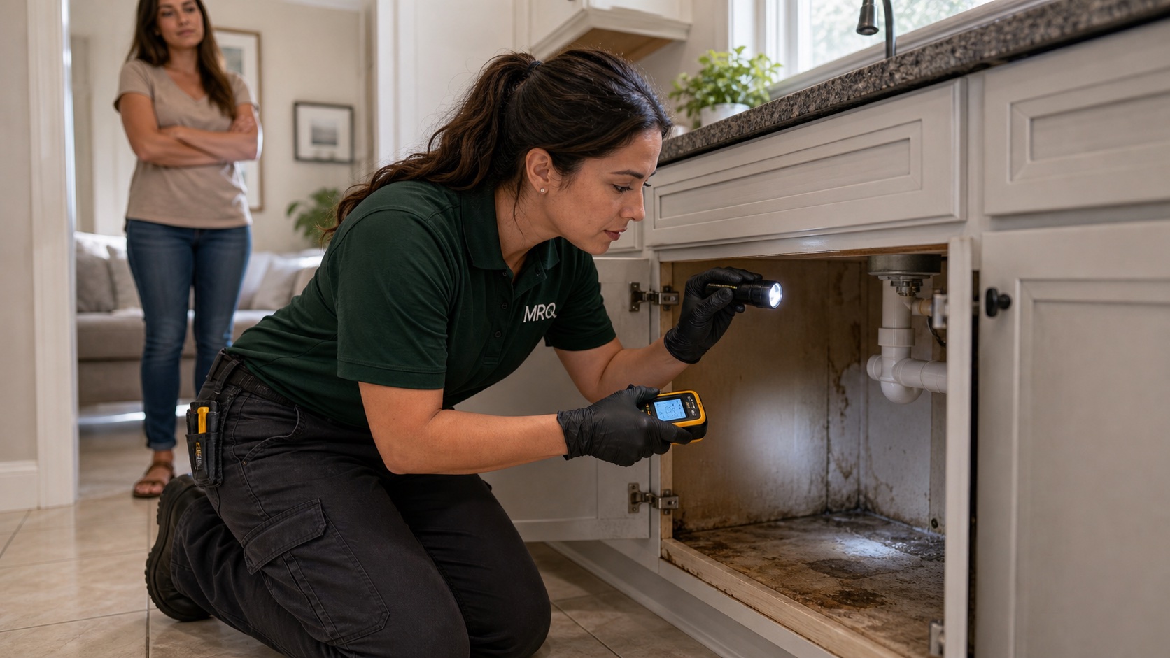 MRO technician inspecting cabinet moisture after a slow leak while a homeowner waits nearby