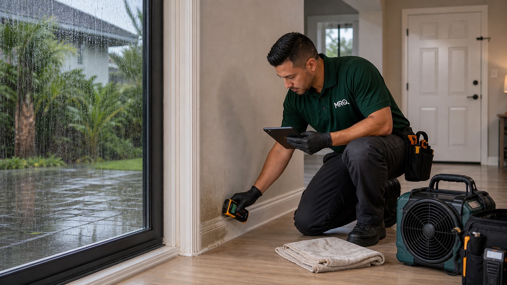 MRO technician checking storm moisture near a rain-streaked patio door in Central Florida