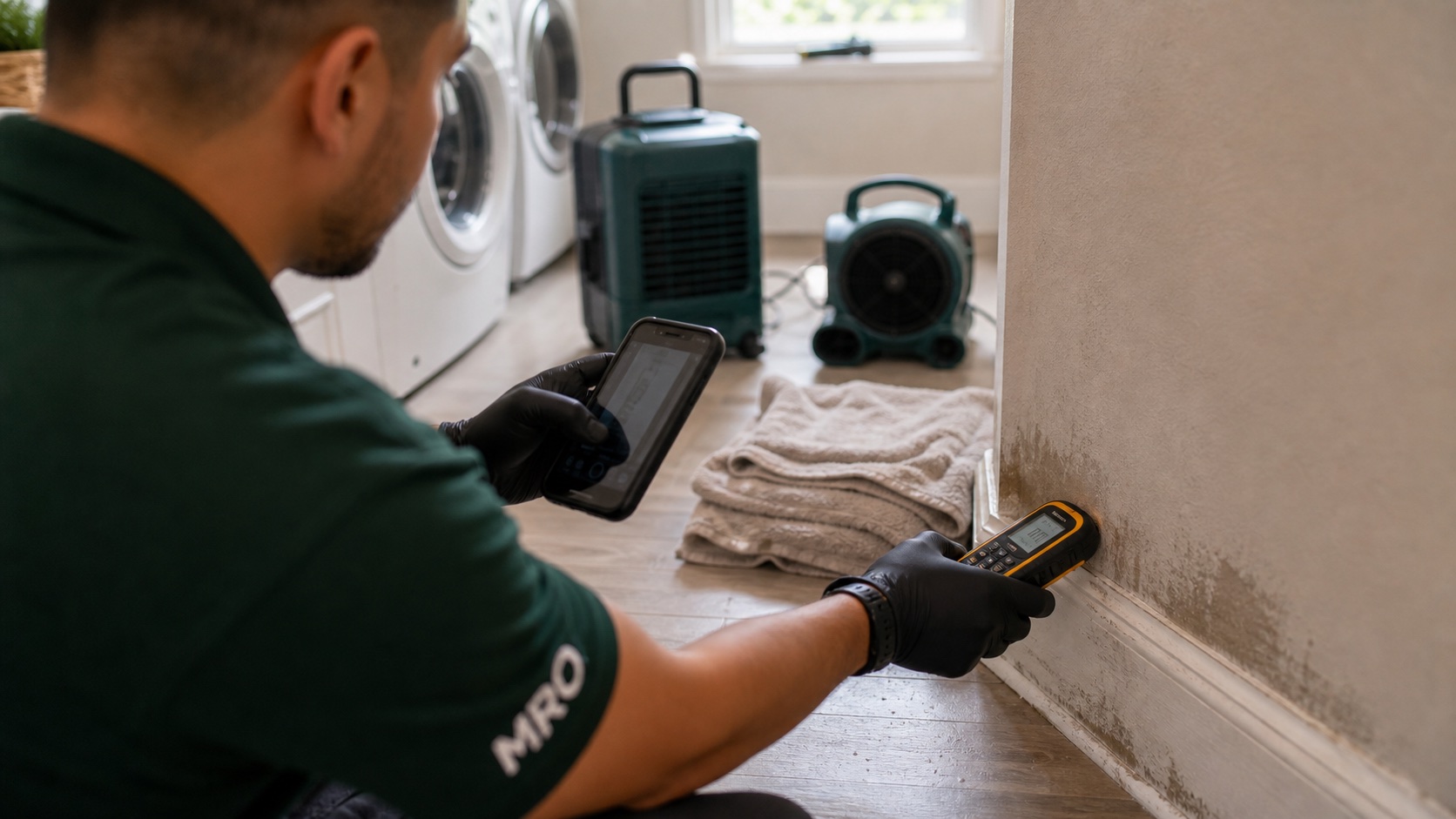 MRO technician documenting moisture readings after minor water damage in an Orlando laundry area