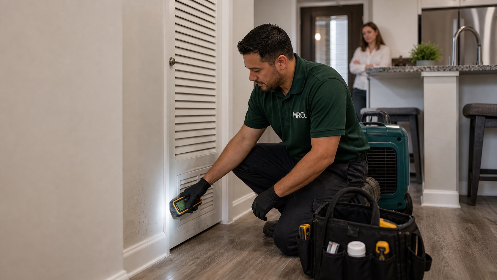 MRO technician inspecting an AC closet wall in an Altamonte Springs condo
