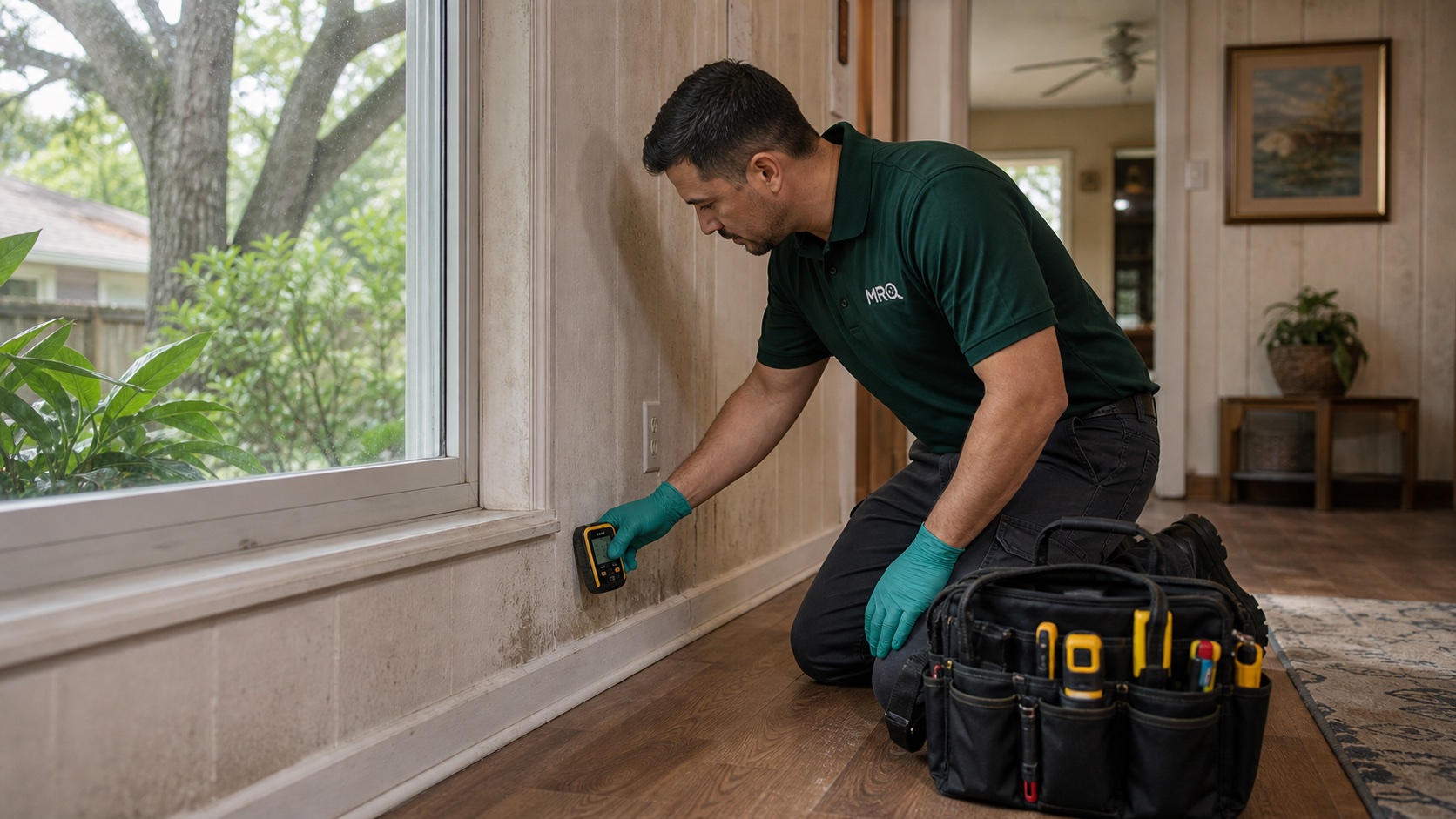 MRO technician inspecting window moisture in a shaded Apopka home