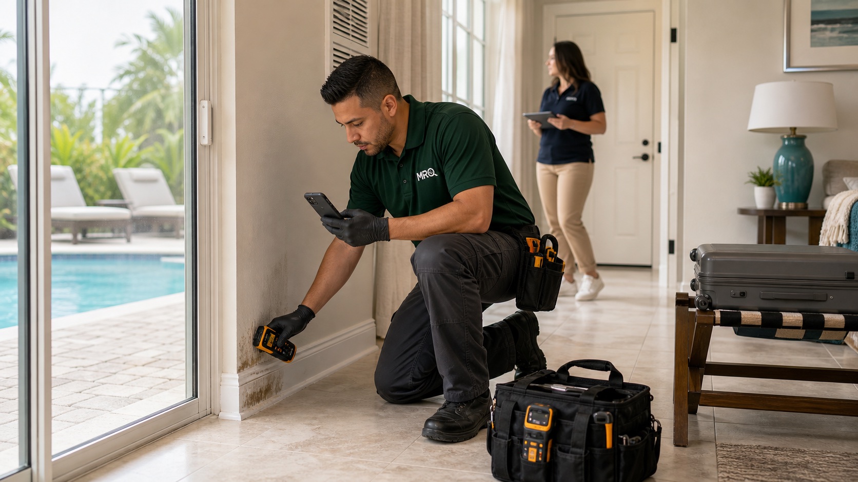 MRO technician checking moisture near a patio door in a Kissimmee vacation rental