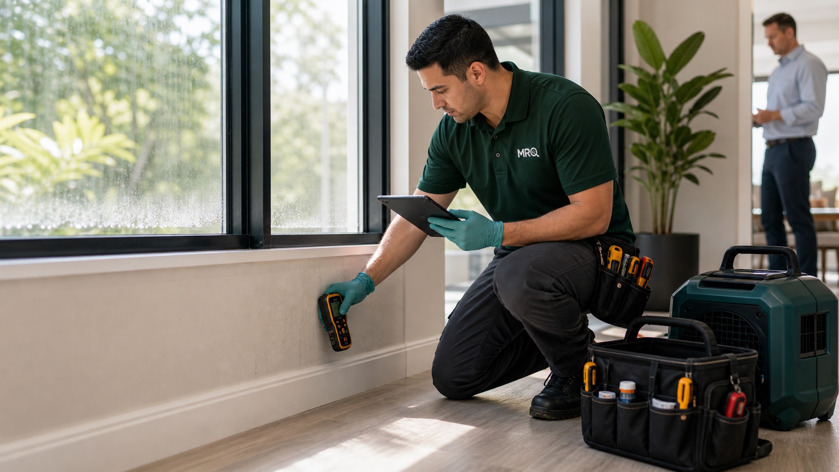 MRO technician documenting moisture readings in a modern Lake Nona property