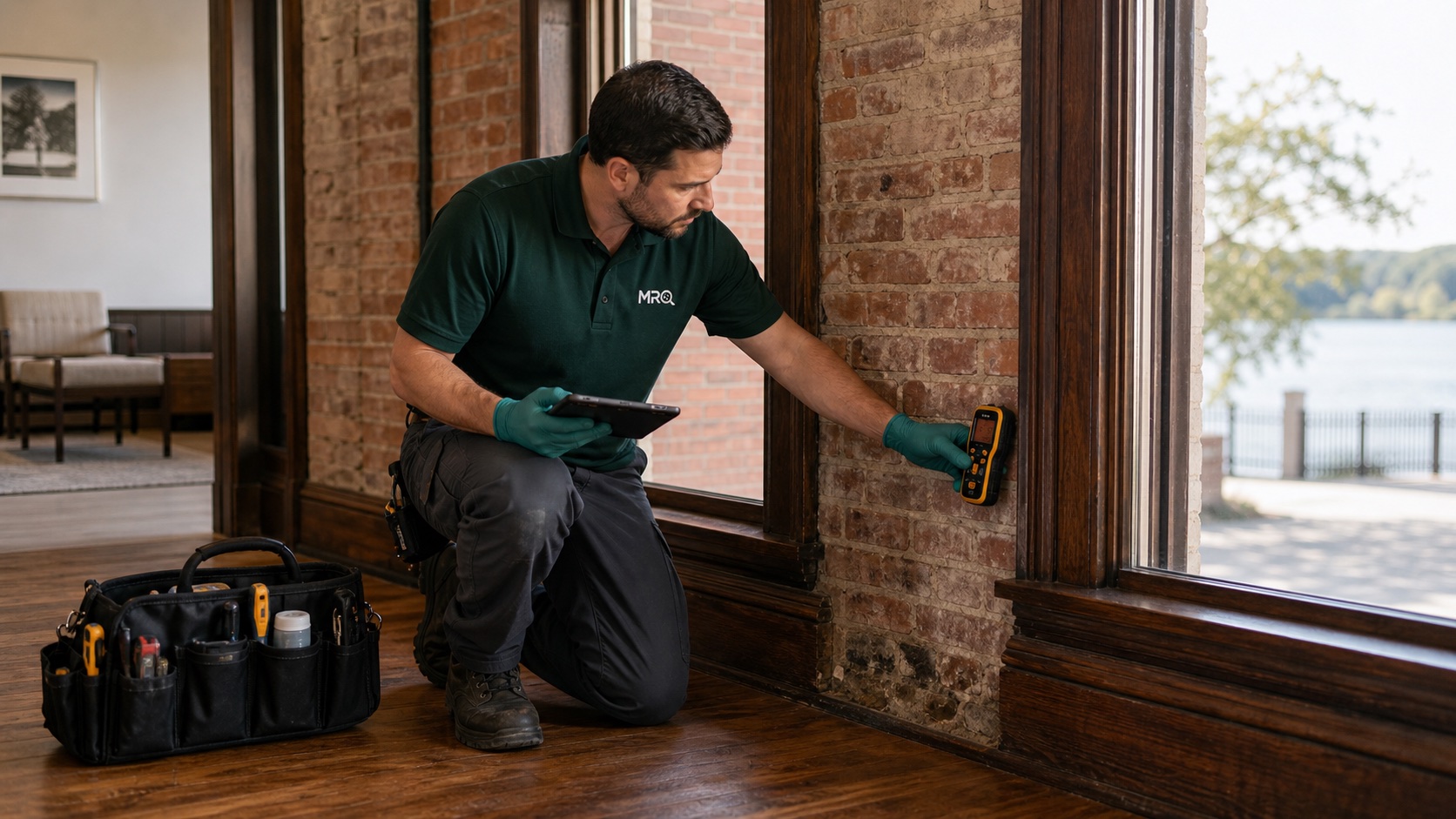 MRO technician checking moisture near brick and wood trim in a Sanford home