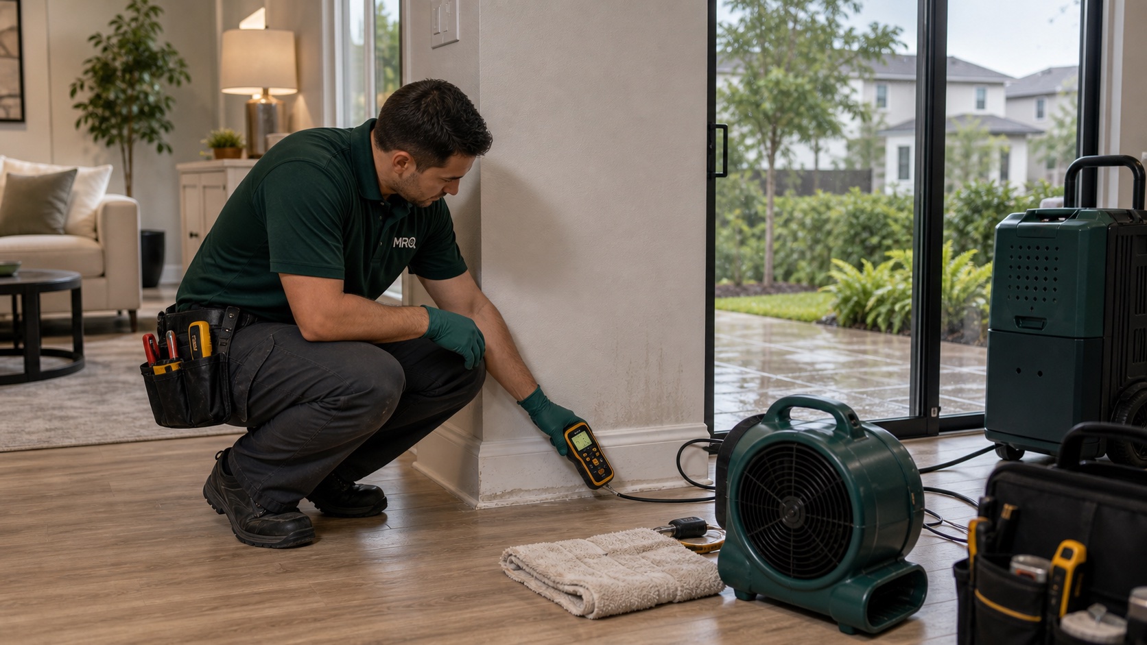 MRO technician checking storm moisture near a Winter Garden patio door