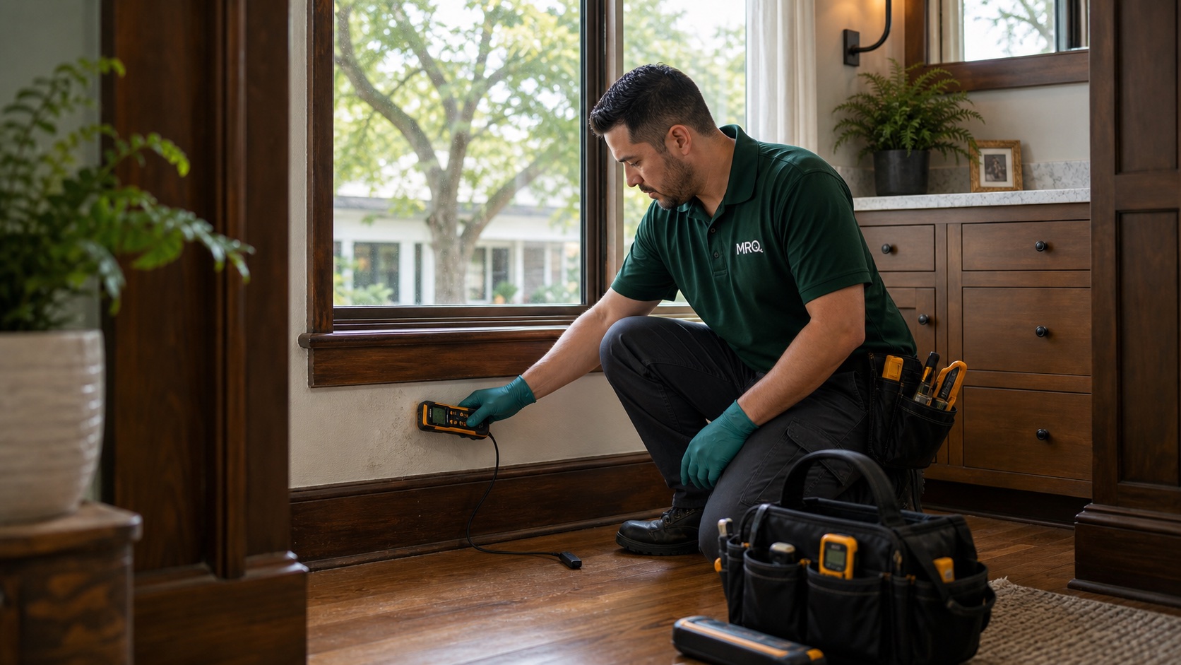 MRO technician inspecting baseboard moisture in an older Winter Park home