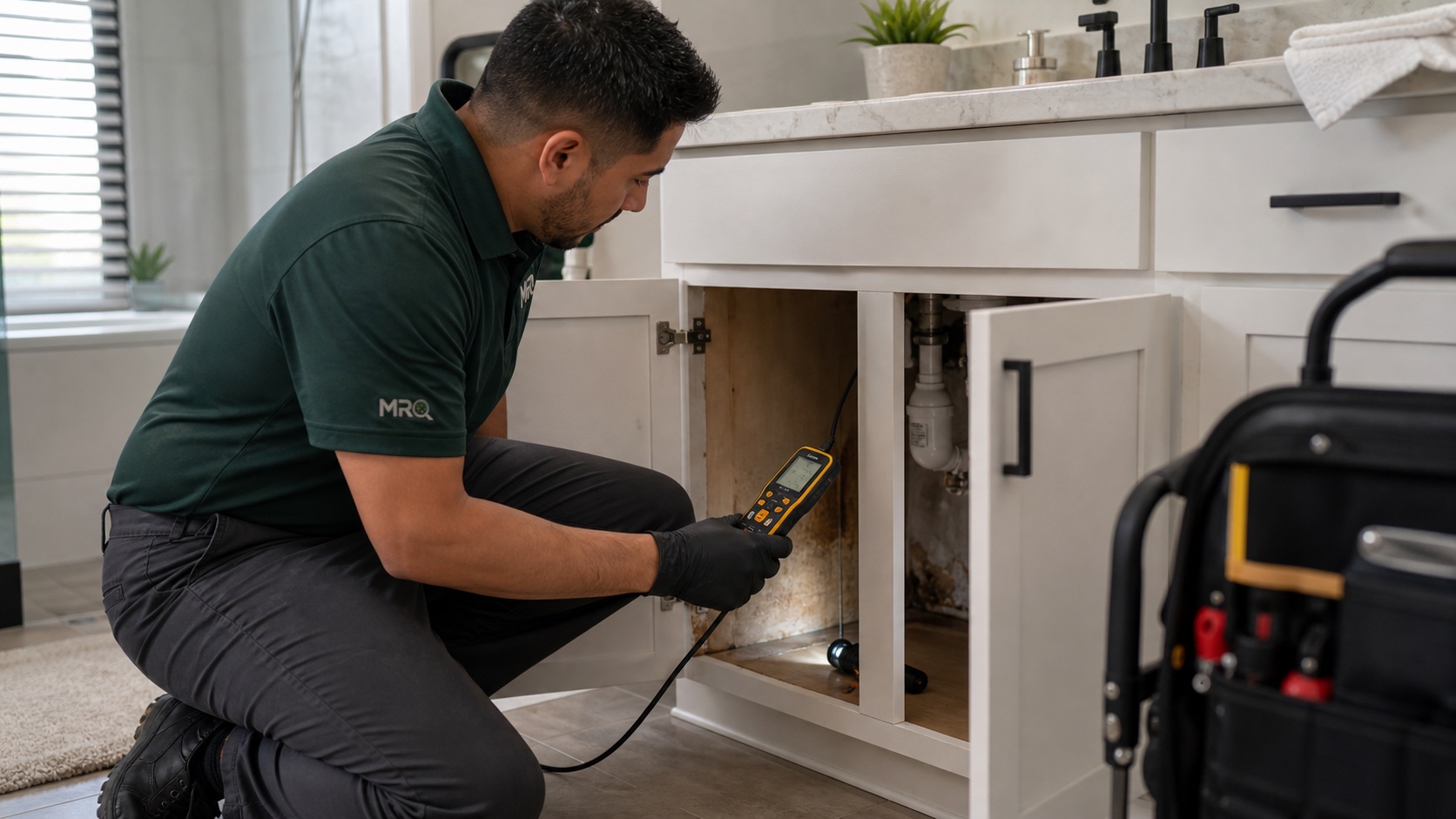 MRO technician checking moisture under a sink after a leak