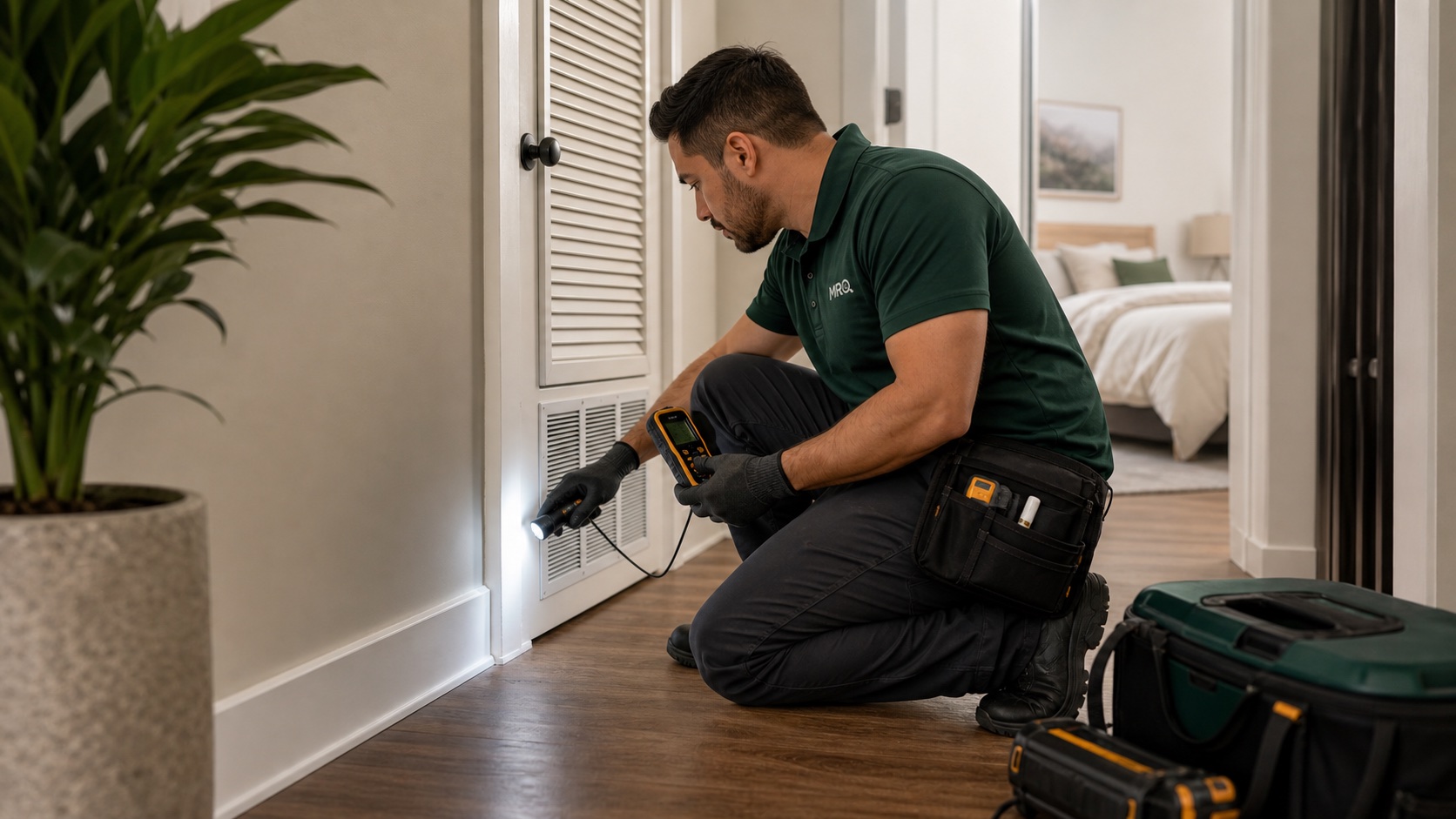 MRO technician checking an AC closet area for hidden moisture