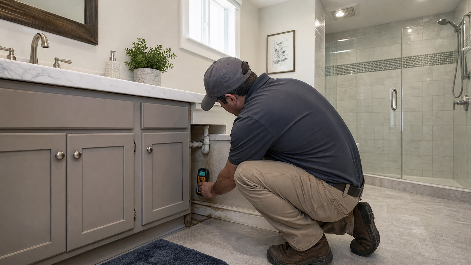 Illustrative moisture inspection beside a bathroom vanity in an Orlando home