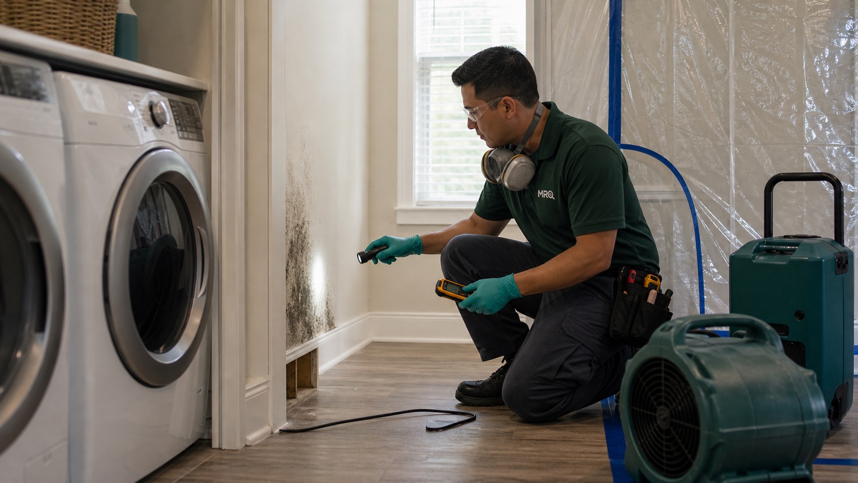 MRO technician assessing suspected black mold before containment