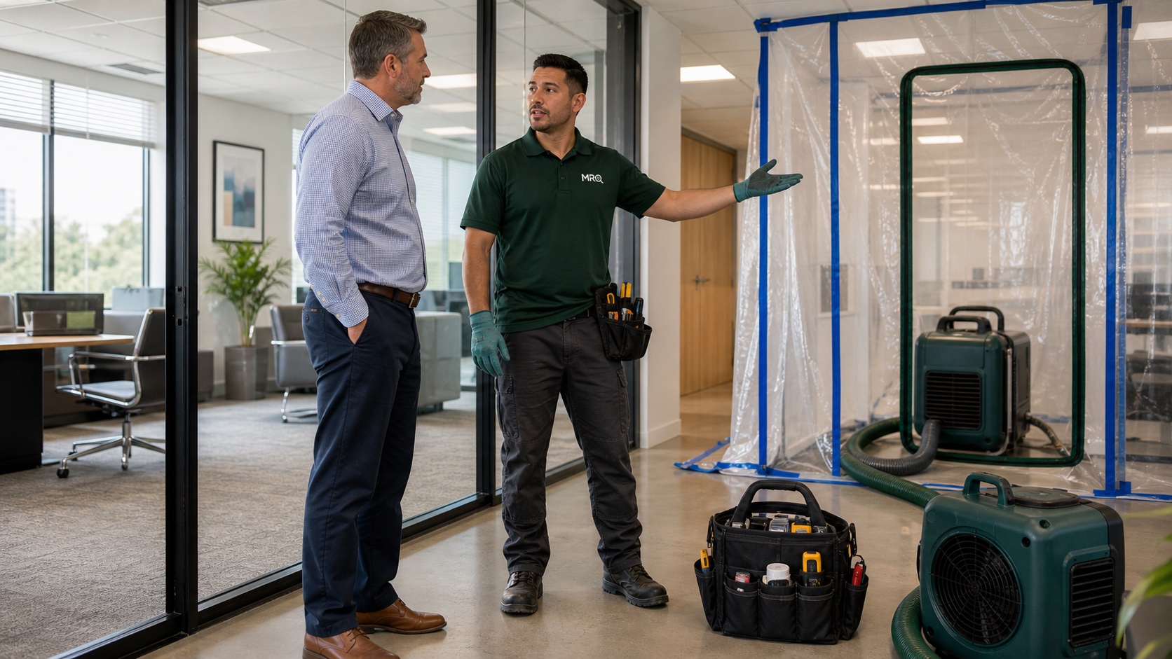 MRO technician reviewing commercial mold containment with a property manager