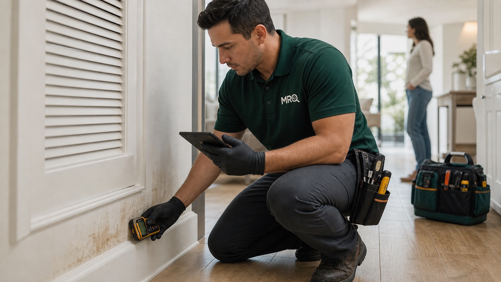 MRO mold inspector checking moisture near a baseboard in an Orlando home