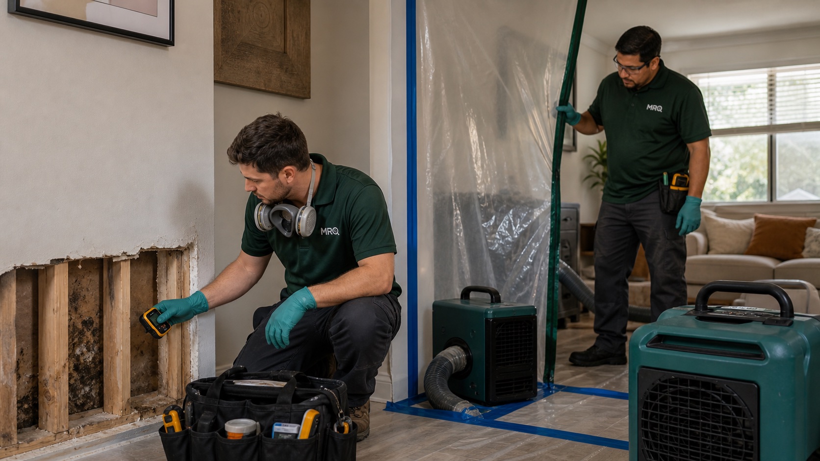 MRO mold remediation technicians setting containment in an Orlando home