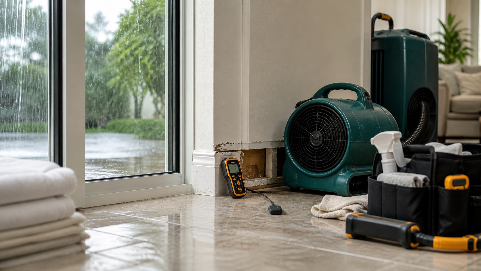 Storm water damage mold risk inspection setup near a rainy Orlando patio door