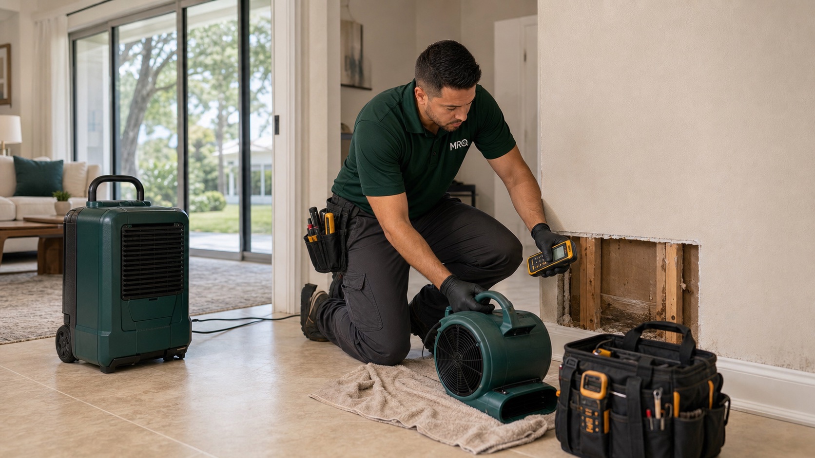 MRO technician setting drying equipment near opened drywall after water damage in an Orlando home